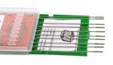 Thin green-tip tungsten rods beside open case