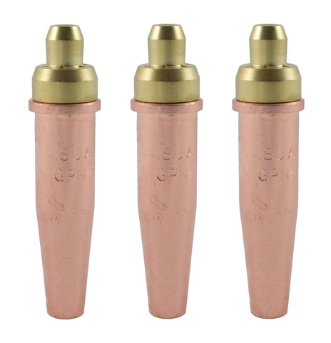 Three two-piece oxy-fuel cutting tips with copper outer shells
