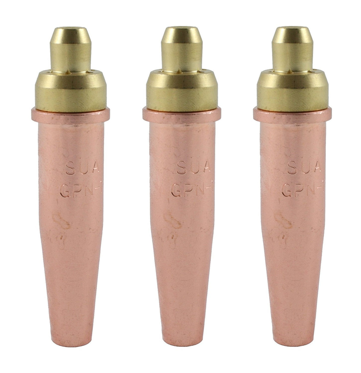 Three two-piece oxy-fuel cutting tips with copper outer shells
