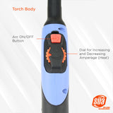 TIG torch handle with on/off button and amperage adjustment dial