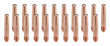 Twenty copper 14T tapered MIG contact tips in two rows
