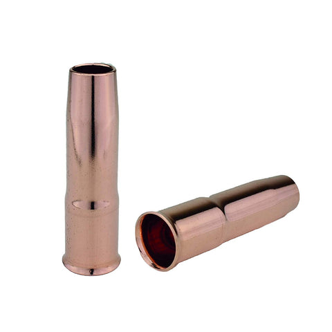 Two copper 24A slip-on MIG nozzles, upright and side views