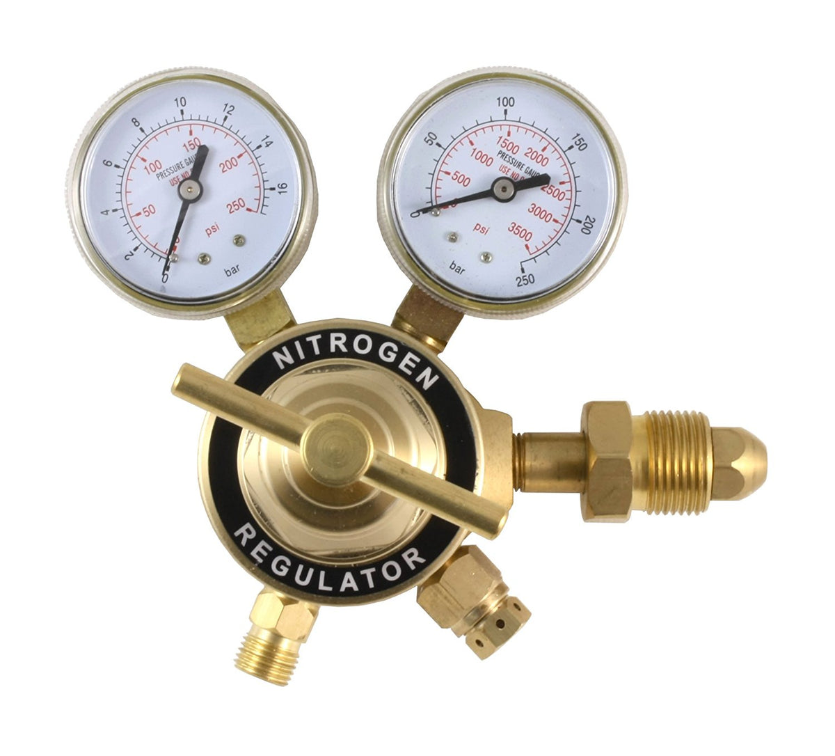Two-stage inert-gas regulator with dual gauges and CGA-580 inlet