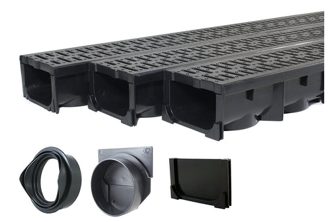 Three black channel drains with grates, end cap and outlet fittings