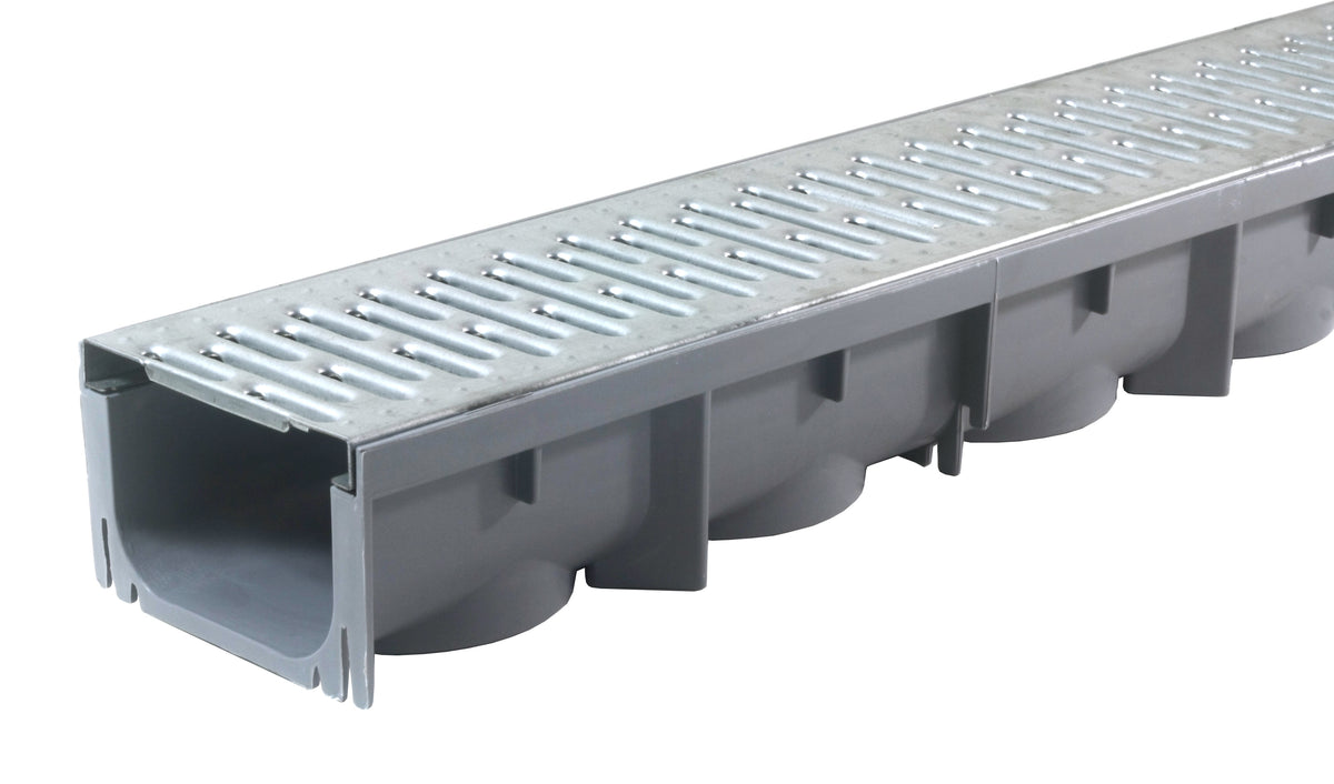 Single gray UA100 drain channel with galvanized steel grate