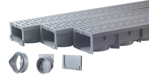 Three UA100 channels with gray plastic grates, outlets and end cap