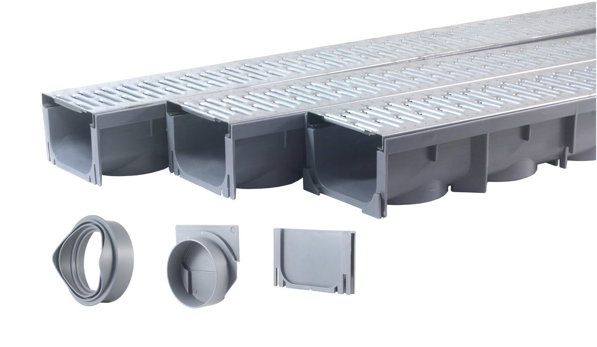 Three UA100 channels with steel grates, outlet adapters and end cap