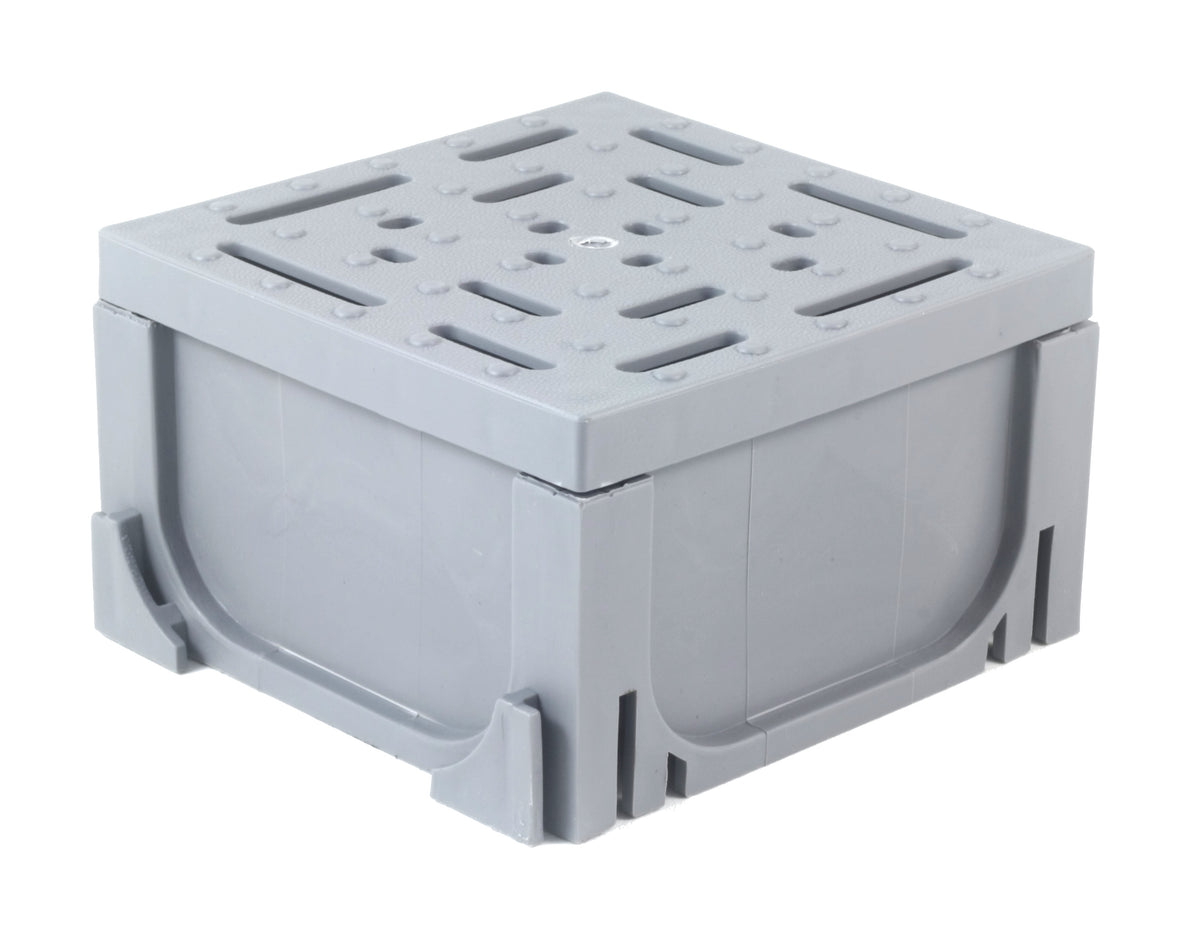 Gray UA100 four-way drainage junction with removable slotted grate