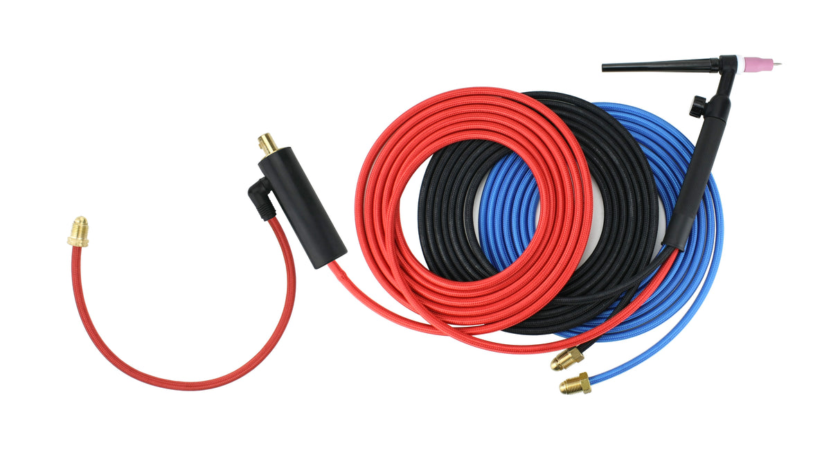 Water-cooled TIG torch assembly with red, blue and black hoses