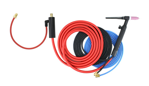Water-cooled TIG torch with valve, three hoses and Dinse connector