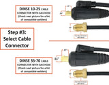 Dinse 10-25 and 35-70 external-gas TIG plug selection diagram
