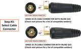 Dinse 10-25 and 35-70 inline-gas TIG connector selection diagram