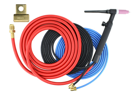 WP-18 water-cooled TIG assembly with gas valve, three hoses and 45V11 stud adapter