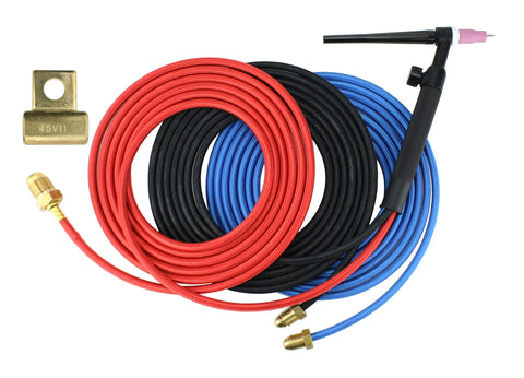 WP-20 water-cooled TIG assembly with gas valve, three hoses and stud adapter