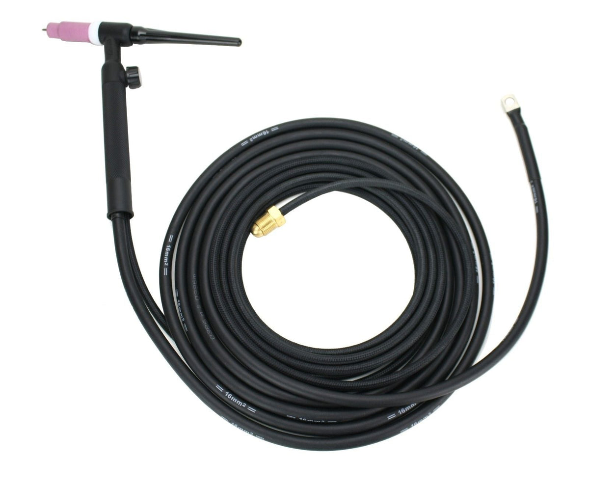 Valve TIG torch with coiled cable and ring terminal