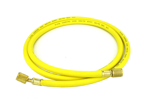 Yellow HVAC refrigeration hose with brass flare fittings
